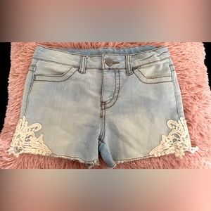CHEROKEE Faded Wash Jean Shorts with Lace Embroidered Design on the Sides